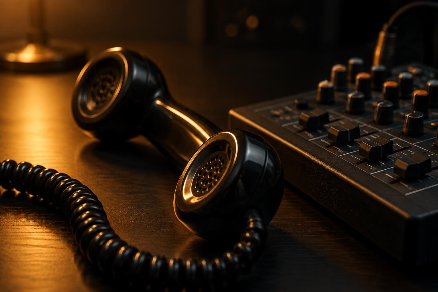 A telephone handset resting beside an audio mixer in warm light