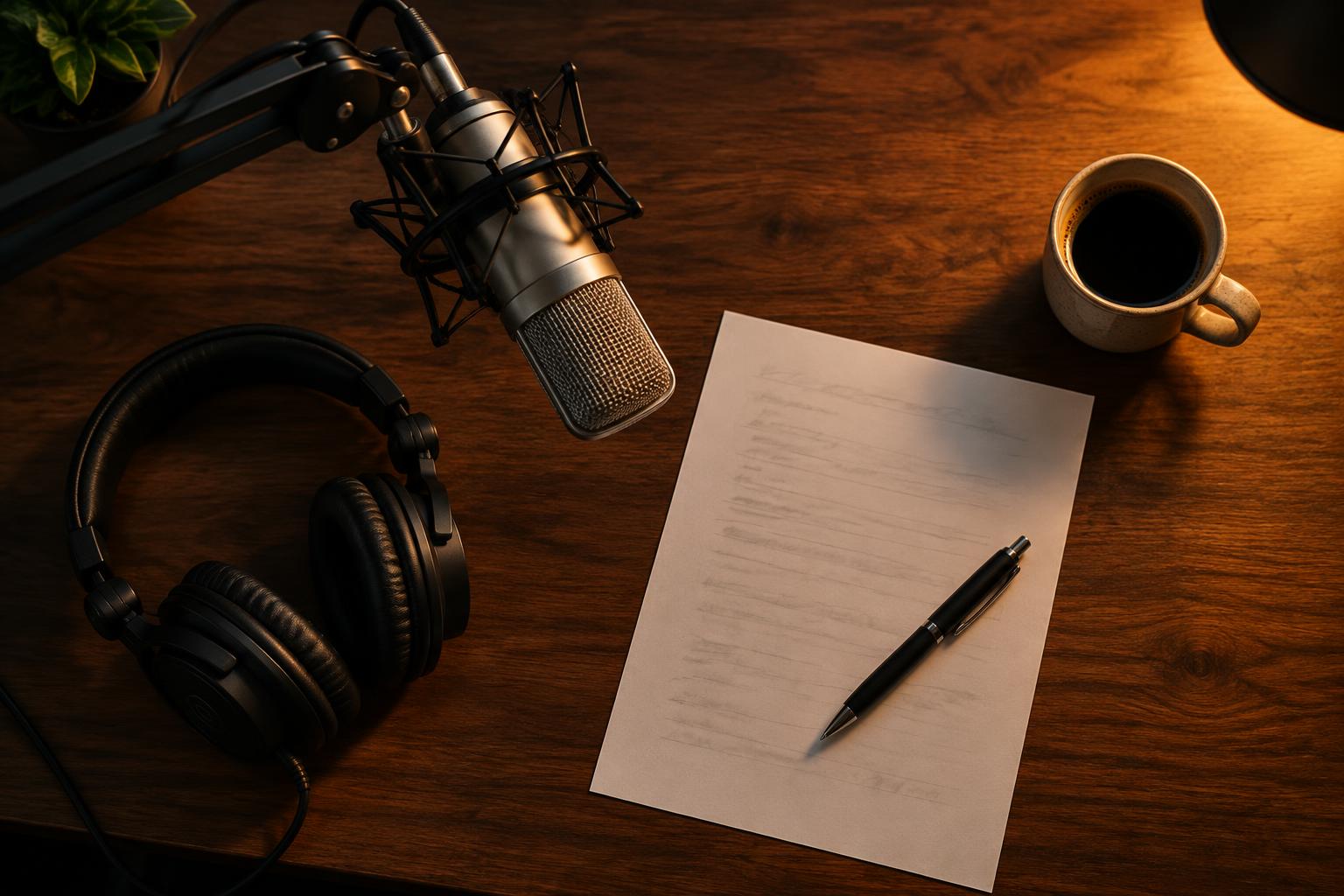 A voiceover studio desk with a microphone, headphones, a script and coffee