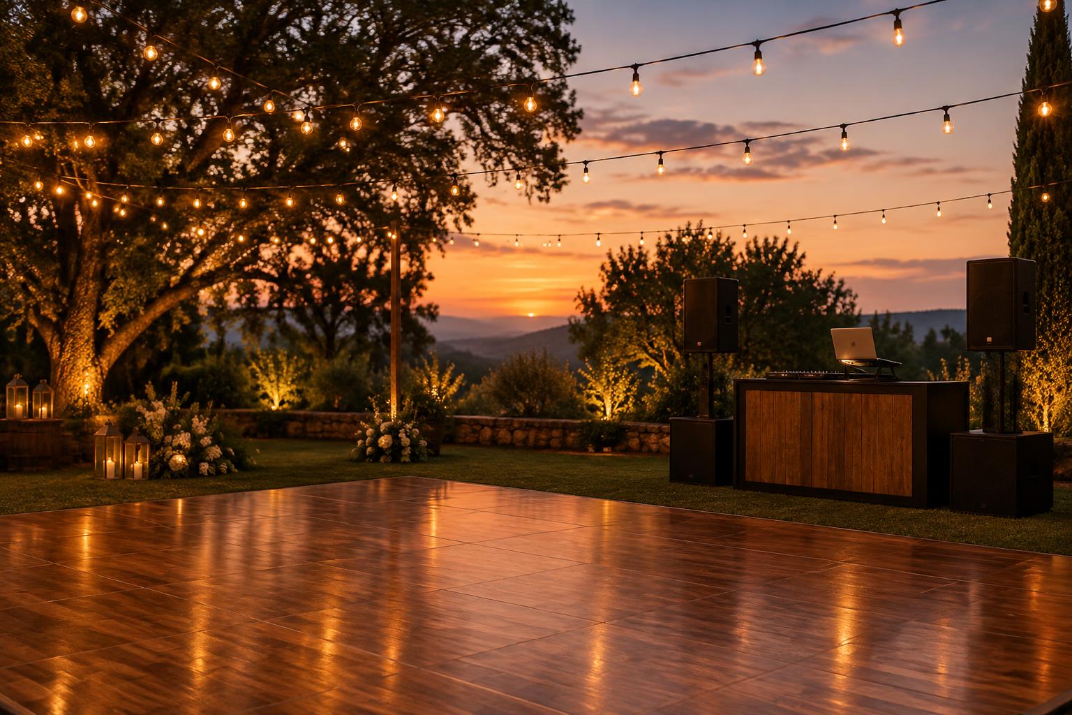 An outdoor wedding dance floor at dusk with string lights and a DJ setup on the lawn