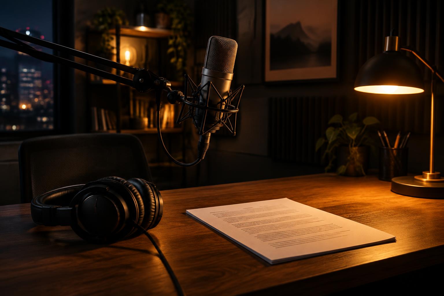 A voiceover booth with a microphone on a boom arm, headphones and a printed script